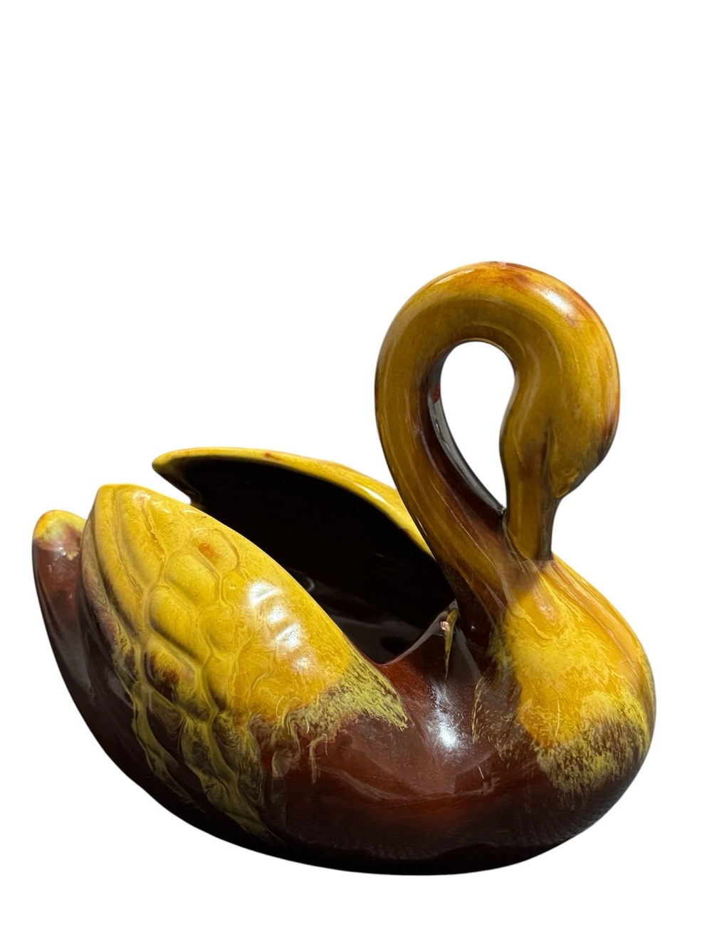 Blue Mountain Pottery Swan Planter Golden Harvest Drip Glaze BMP Canada 1970 MCM